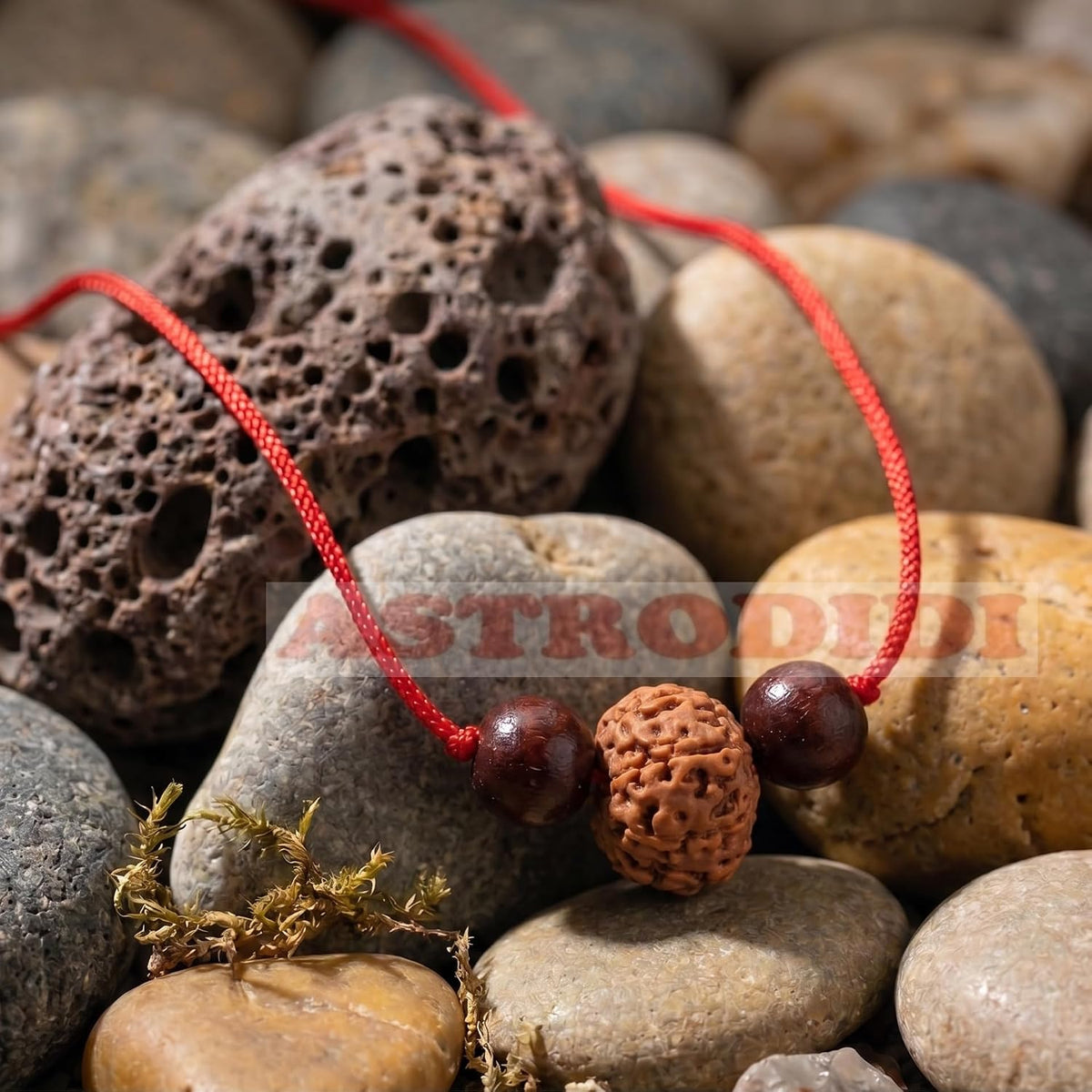 Astrodidi 9 Mukhi Rudraksha | Certified Java Nine Face Small Size Rudraksh with Two Red Chandan Beads in Red Thread with Lab Certificate (Colour: Brown, Shape: Round)