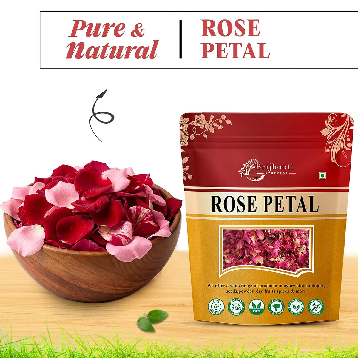 Brijbooti Rose petals dried 100 Gram | Rose petals dried edible | Gulab Patti for Face, Body, Bath, Hair, Cooking, Eating & Herbal Tea | Rose Flower