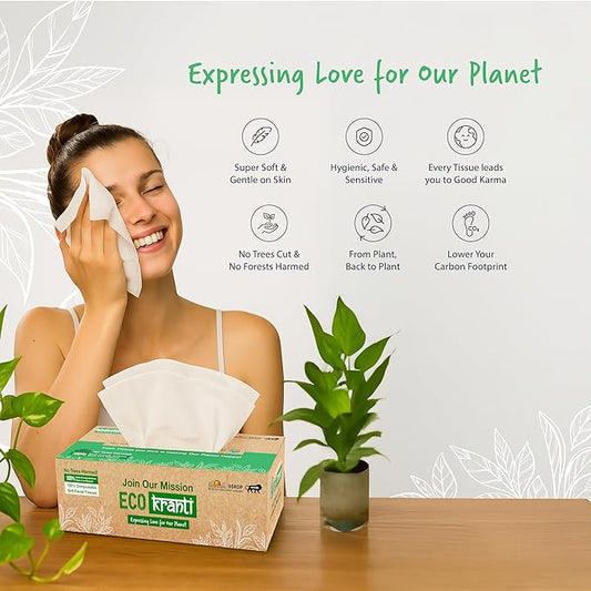 Sri Sri Tattva Eco Kranti - Facial Tissue Paper Box | 100 Pulls x 3 Packs | 100% Natural Bagasse | Biodegradable, Compostable