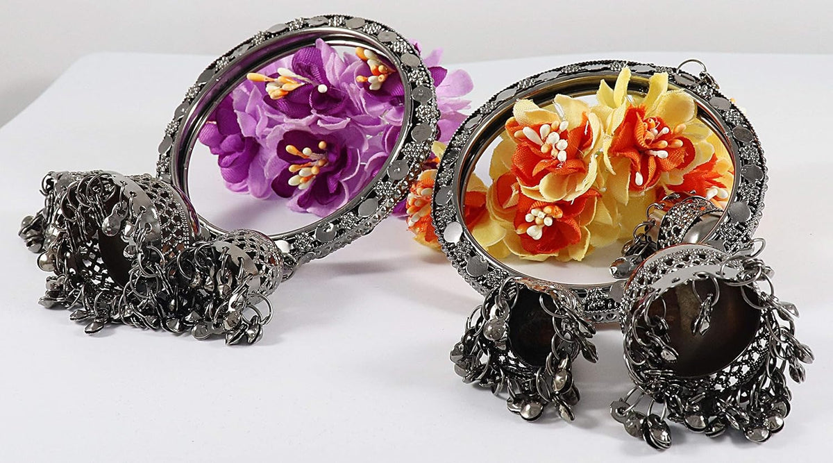 NMII Non-Precious Metal with BallChain and Cone Shaped Latkan Studded Glossy Finished Kada Set For Women and Girls