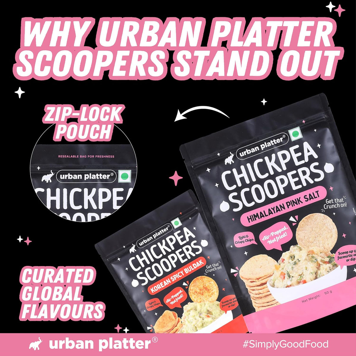 Urban Platter Chickpea Scoopers - Himalayan Pink Salt, 50g (Popped Chips | Lightly Salted | Air Popped, Not Fried)