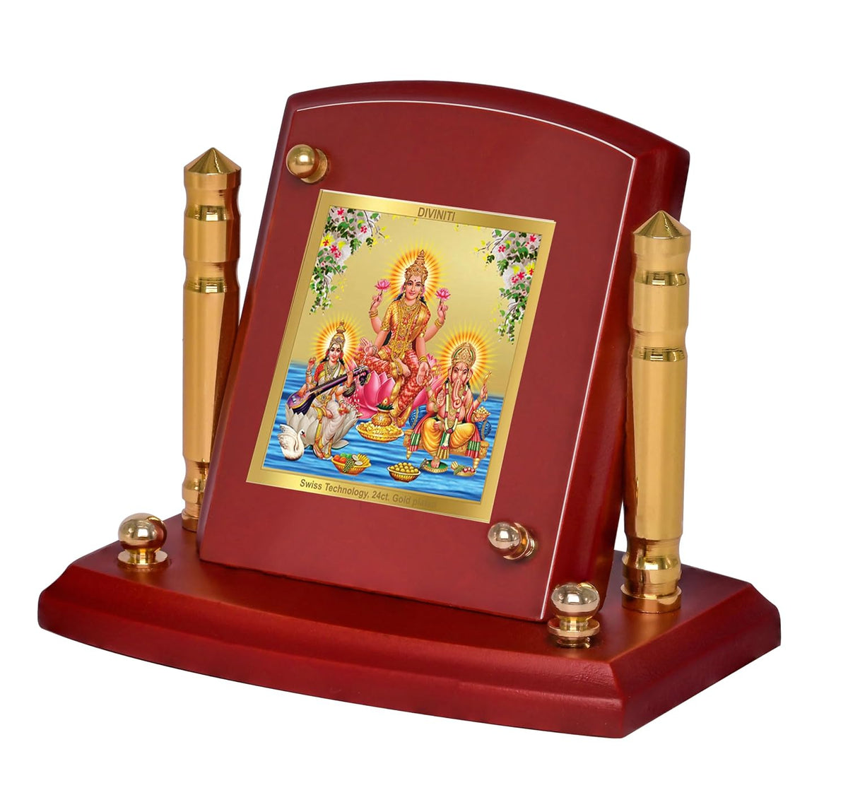 DIVINITI 24K Gold Plated Religious Car Dashboard Frame | Premium God Idol Frame for Car, Home Mandir & Office Table | Spiritual Gift, Decorative Showpiece | Lakshmi Ganesha Saraswati