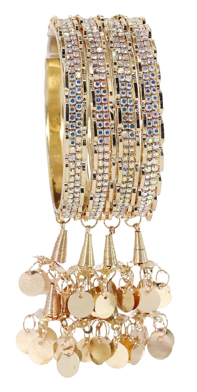 NMII Stylish Alloy Metal with Zircon Stone Latkan Bangles For Women and Girls | Fancy Metal Bangles Bracelet | Stylish Bangles with Latkan For Wedding, Party, Occasion | Fashion Jewellery- Set of 4