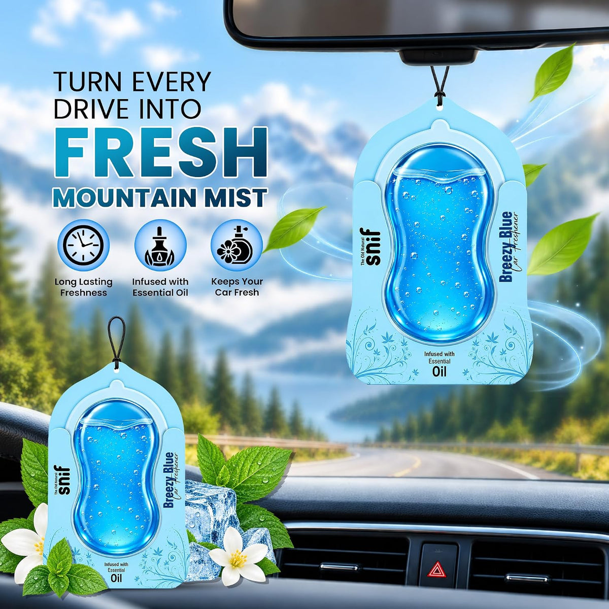 The Old Natural Car Air Freshener Hanging – Snif Gel Car Perfume, Essential Oil Based Long Lasting Car Fragrance (30–45 Days), Odor Eliminator Auto Air Freshener for Car – Breezy Blue