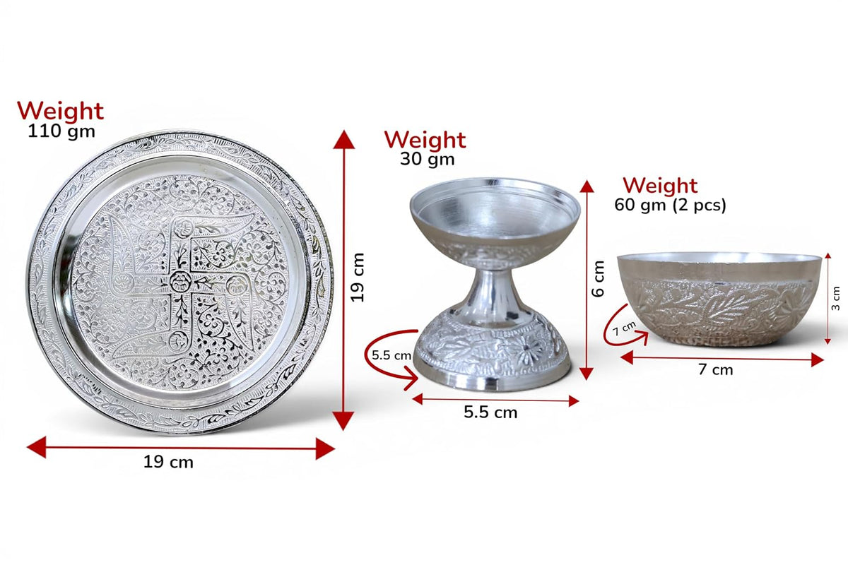 KridayKraft Silver Plated Pooja Thali Set with Swastik Design - Includes Diya and 2 Bowls for Puja, Diwali, and Gifting (19 cm Plate, 110g)