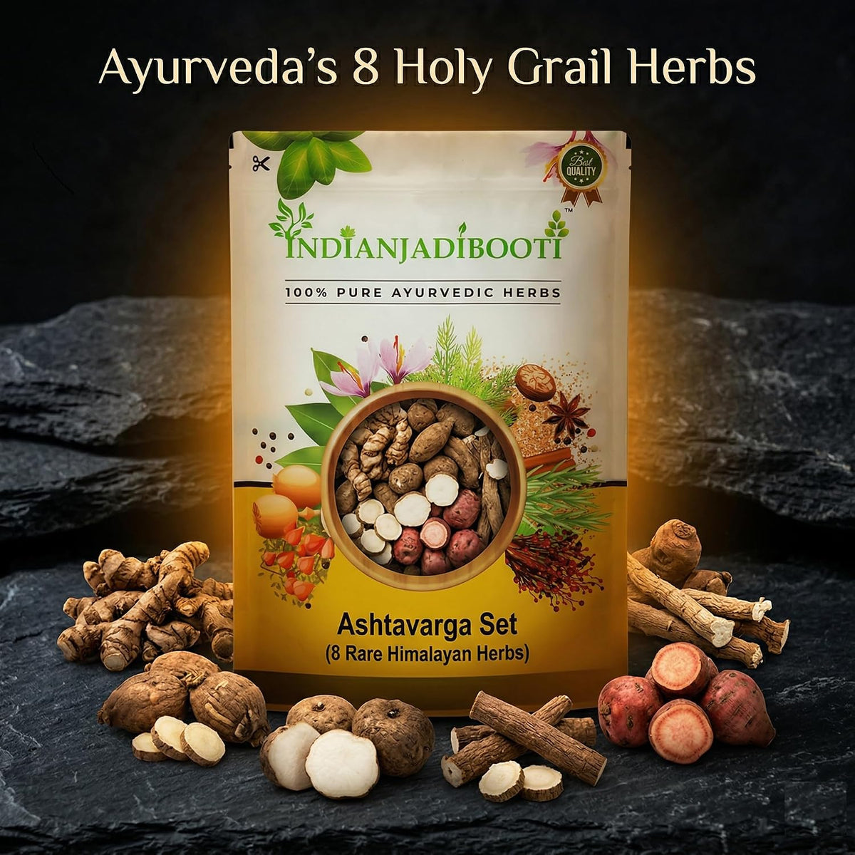 IndianJadiBooti Authentic Ashtavarga Set (8 Rare Himalayan Herbs) – Jivaka, Rishabhaka, Meda, Mahameda, Kakoli, Kshira Kakoli, Riddhi & Vriddhi – The Original Soul of Chyawanprash for Immunity & Deep Rejuvenation | 100 Grams Pack