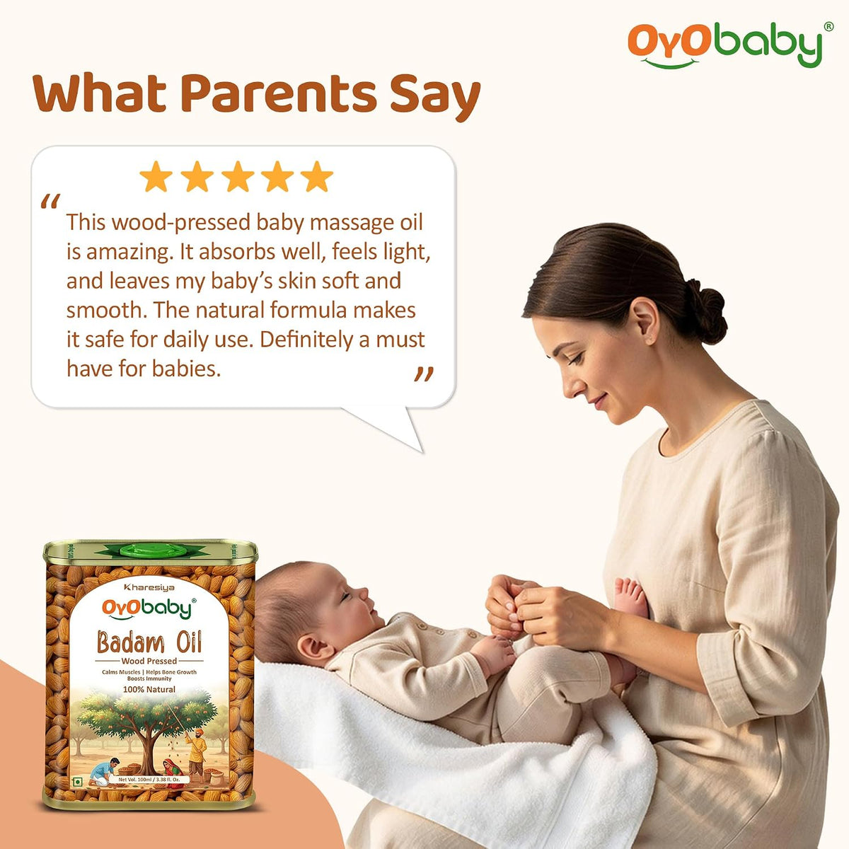 OYO BABY 100% Pure Wood Pressed Sweet Almond Oil for Baby - 100ml | Enriched with Vit E, Omega 3 & 6 | FSSAI Approved, Pediatrician Tested | Baby Massage Oil | Rogan Badam Oil