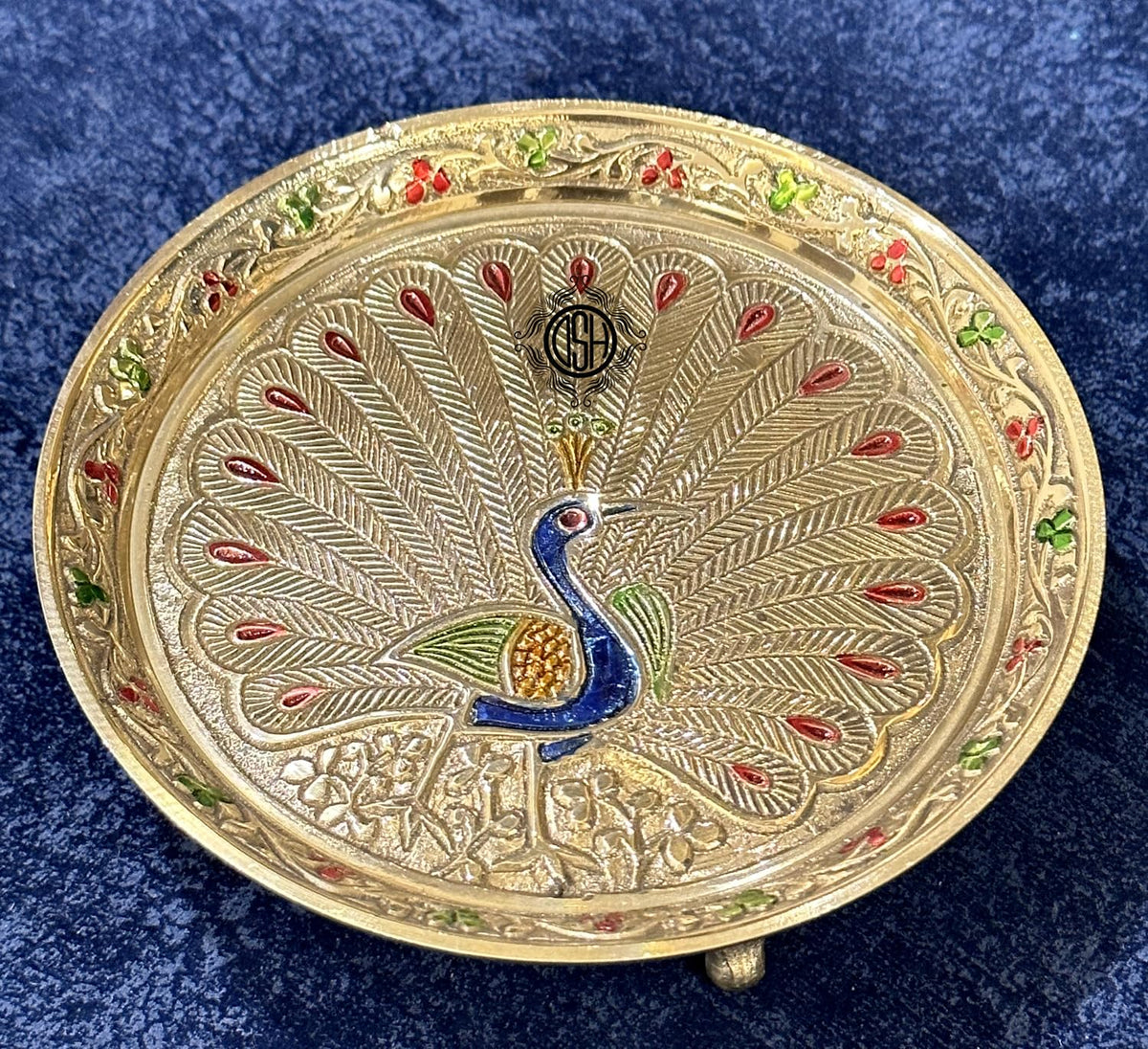 DSH Pure Brass Puja thali Plate with Peacock Embossed Design Best for Home Office Pooja Purpose Handicraft (20 cm)