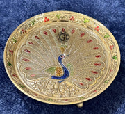 DSH Pure Brass Puja thali Plate with Peacock Embossed Design Best for Home Office Pooja Purpose Handicraft (20 cm)