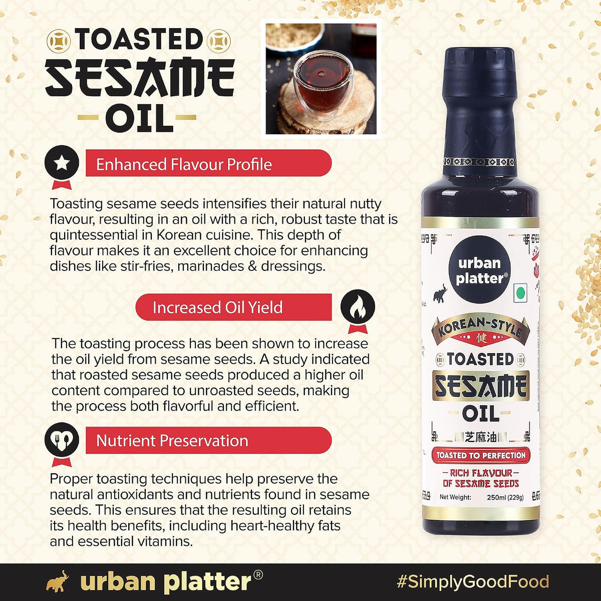 Urban Platter Korean-Style Toasted Sesame Oil, 250ml (Cold-Pressed | Rich Flavour | Known as Chamgireum | Perfect Finishing Oil for All Asian Dishes)