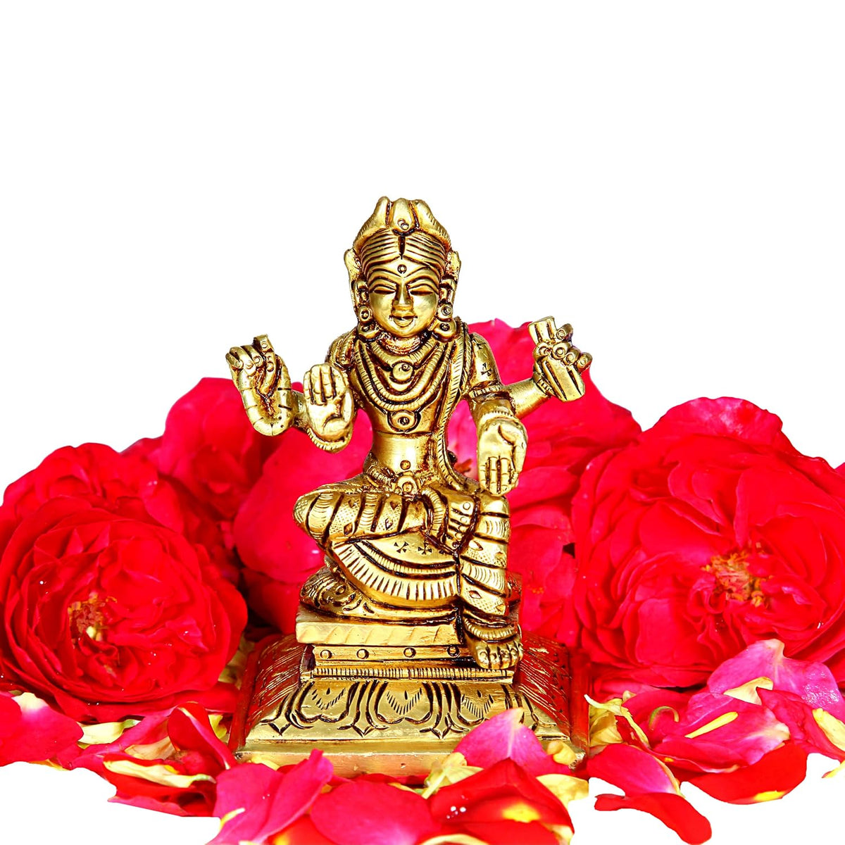 Aalayam Selveer Balambigai Statue Small | Bala Tripura Sundari Idol Square Base | Balambika Idol Brass 9cm Height Brass Gold Colour 1 Piece