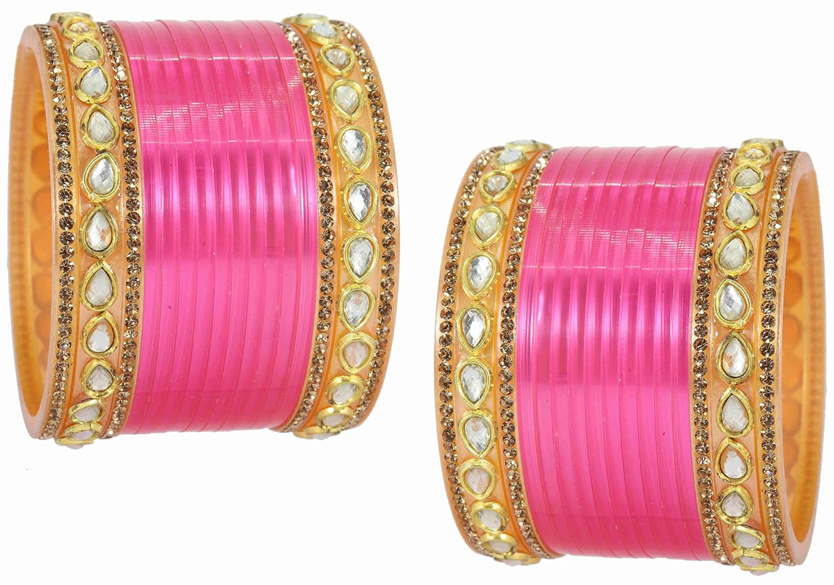 NMII Acrylic (Plastic) with Oval Beads Or Zircon Gemstone Studded Worked Glossy Finished Short Chuda Set for Women and Girls