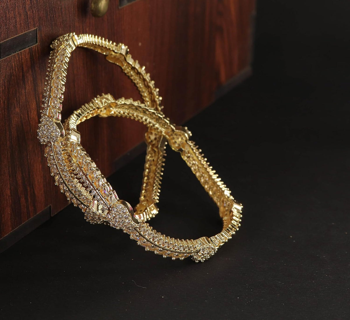 NMII Latest CZ American Diamond Leaf Alloy Metal Bangles Premiun Kada For Women & Girls | Latest Cubic Zirconia Girls' Bangles Bracelet | Trendy Kangan Stylish Women's Bangles Diamond-Set of 2 Bangle