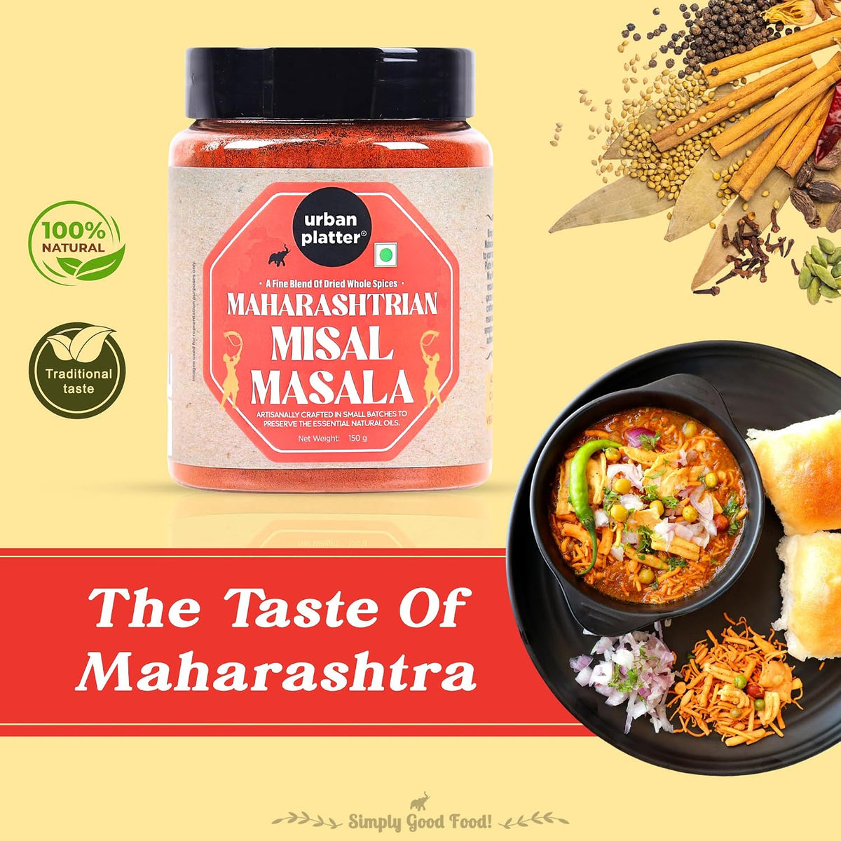Urban Platter Maharashtrian Misal Masala, 150g (Signature Kolhapuri Misal Blend | Fiery & Hearty Taste | Onion & Garlic-free | Additive & Preservative-free)