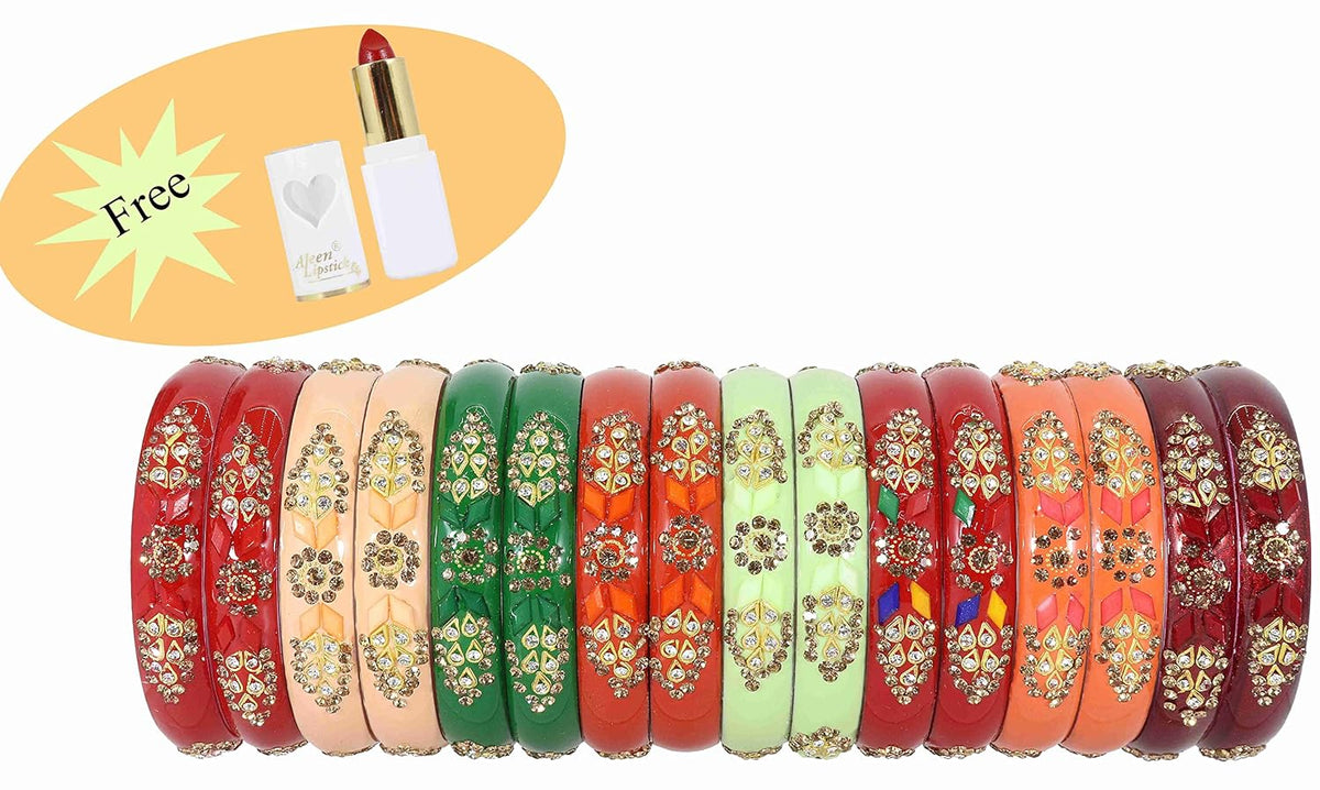 NMII Acrylic With Zircon Gemstone and Beads Studded Glossy Finished Kada Set For Women and Girls