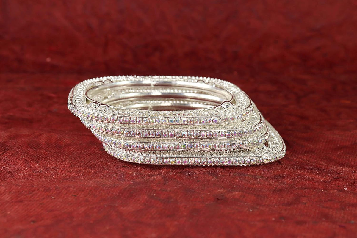 NMII Trendy Square Shaped Alloy Metal Bangles Set For Women & Girls with Zircon Diamond Stone | Latest Girl's Bangles Bracelet | Kangan For Women Wedding, Party, Special Occasion, Daily- Set of 4