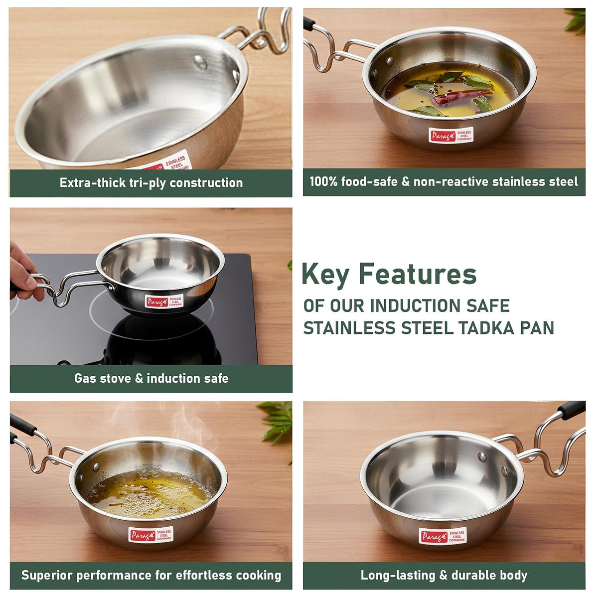 Parage 1 Pc Triply Stainless Steel Tadka Pan 500ml with Heat Resistant Handle | Tripure | Small Deep Tempering Pan for Dal, Ghee & Curry | Durable Steel Tadka Pan for Indian Cooking (13 cm Diameter)