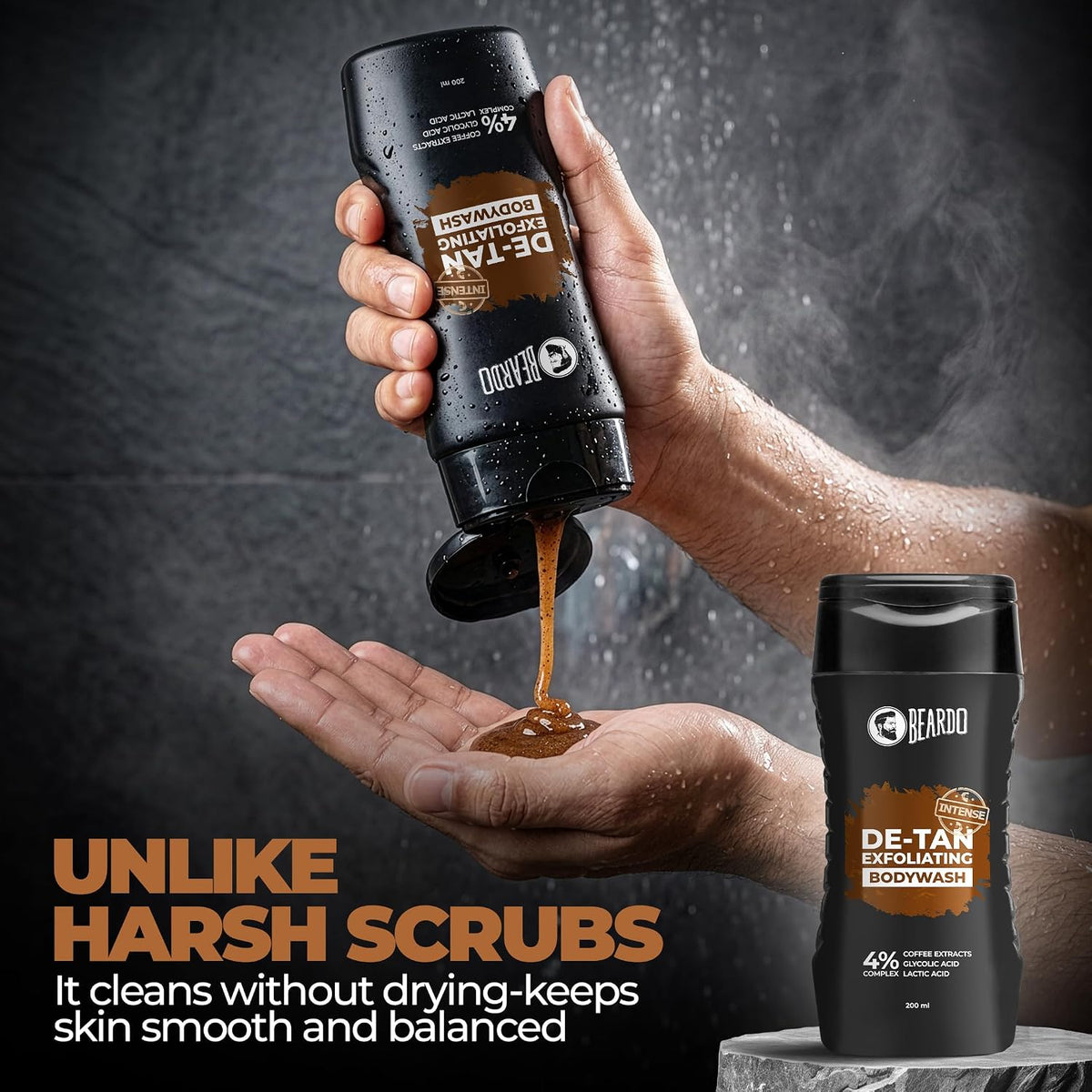 Beardo Detan Exfoliating Body Wash 200ml | 4% (Glycolic Acid, Lactic Acid & Coffee Extracts) | Gentle Exfoliating Shower Gel | Removes Tan & Body Acne | Prevents Dry, Rough, Bumpy Skin | Suitable for Men