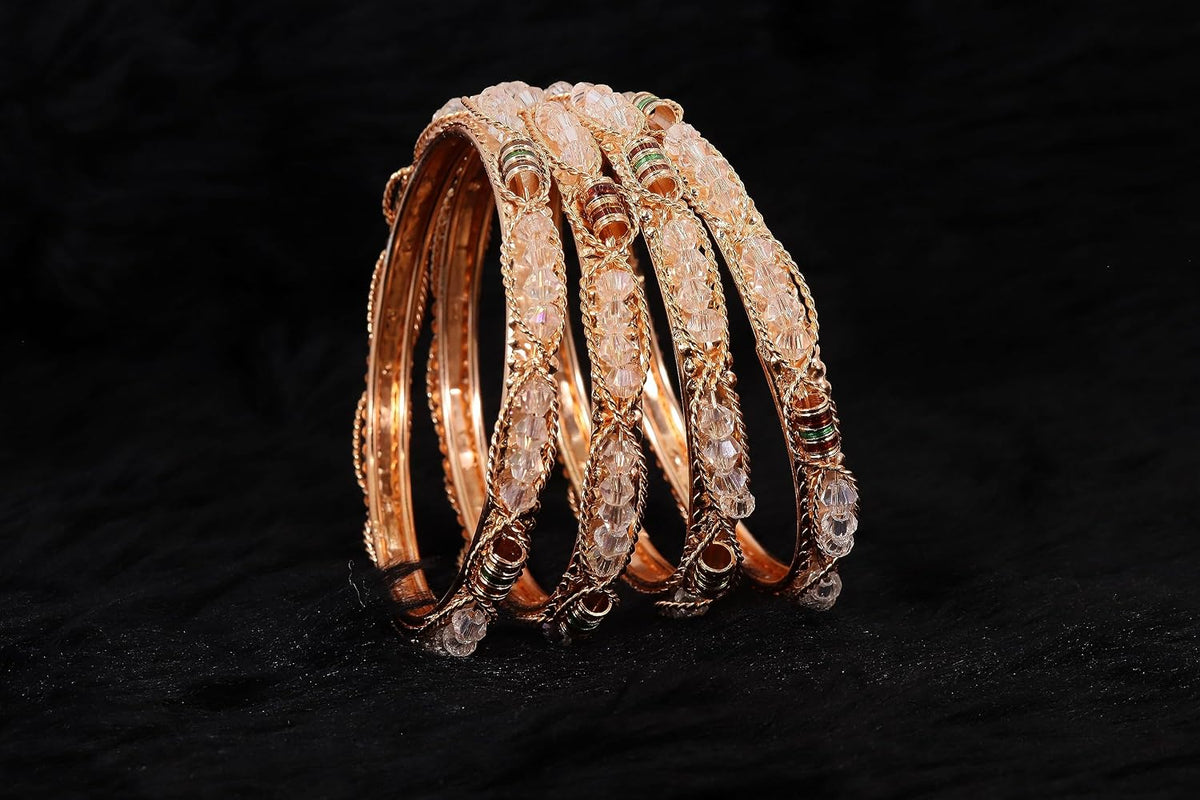 NMII Alloy Metal Golden Bangles Set For Girls & Women Studded Pearls, Beads and Chain | Stylish Bangles Set | Fancy Bangles Jewellery | Women's Bangle | (Pack of 4)