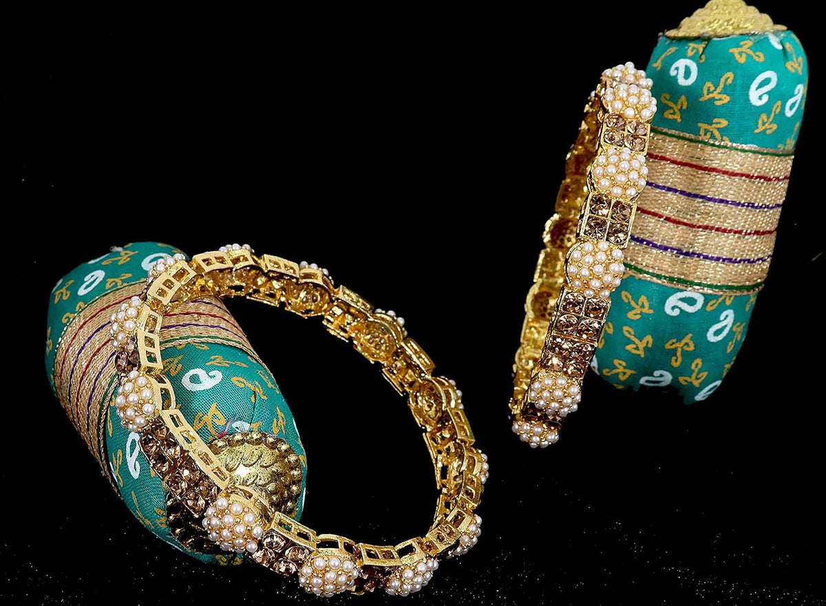 NMII Non Precious Metal Base Metal With Zicon Gemstone and Moon pearl Studded Glossy Finished Kada Set For Women and Girls