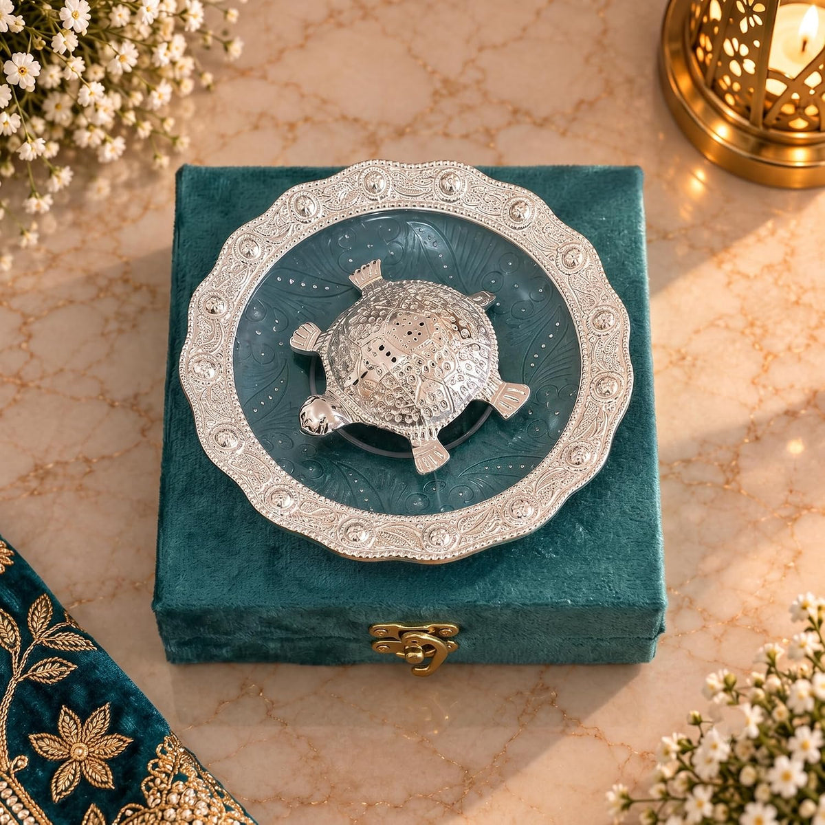 KridayKraft Decorative Tortoise Showpiece with 14 cm Designer Tray and Luxury Dark Teal Blue Gift Box, Tabletop Décor for Home, Office, Wedding, Anniversary and Housewarming Gift