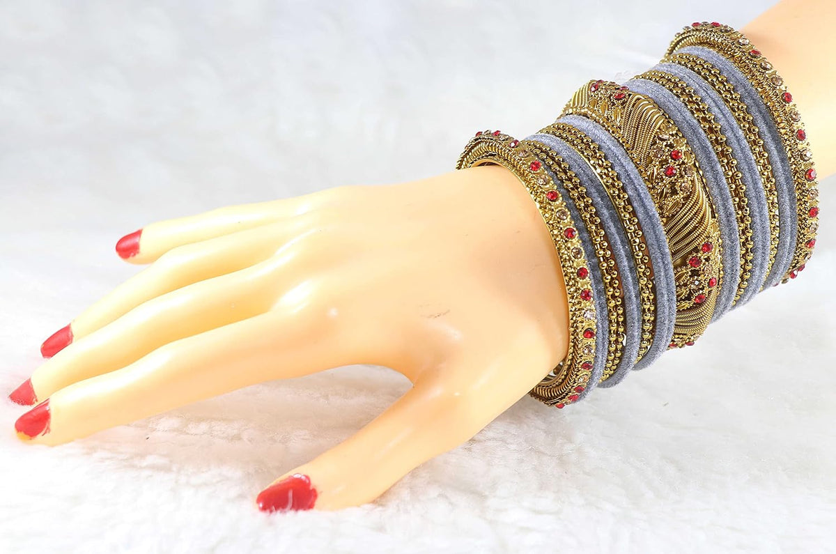NMII Metal with Zircon Gemstone and Beads Studded Ball Chain Linked Glossy Finished Velvet Bangles Chuda set for Women and Girls