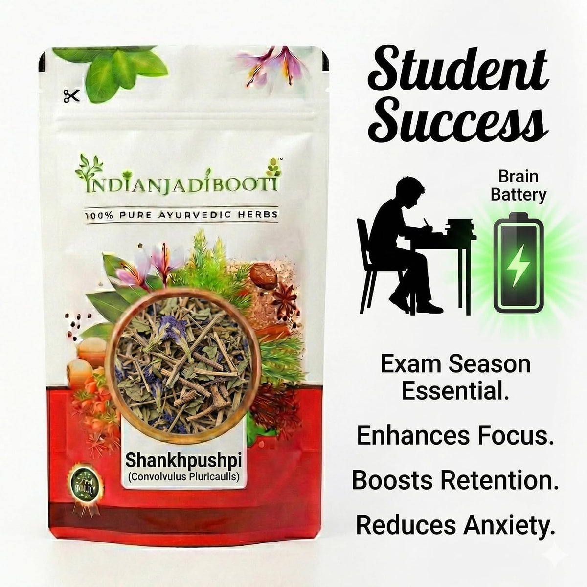 IndianJadiBooti Shankhpushpi (400g) | Convolvulus Pluricaulis | Dried Whole Herb (Panchang) for Memory, Focus & Sleep | Natural Brain Tonic | Shankhapushpi | Raw & Cleaned