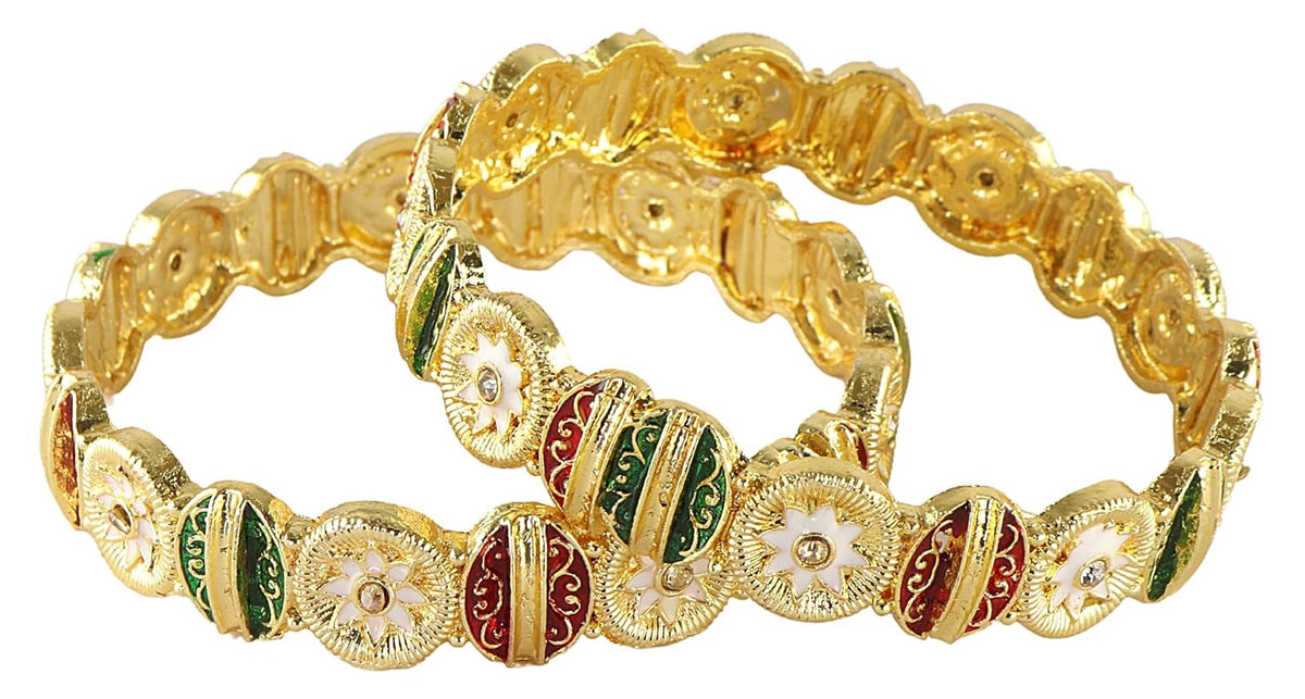 NMII Enamel Gold Plated Metal Bangles Kada Set For Women & Girls With Zircon Diamond Stone | Women's Bangles | Premium Kada Set For Wedding, Party, Occasions Fashion Jewelry - Set Of 2