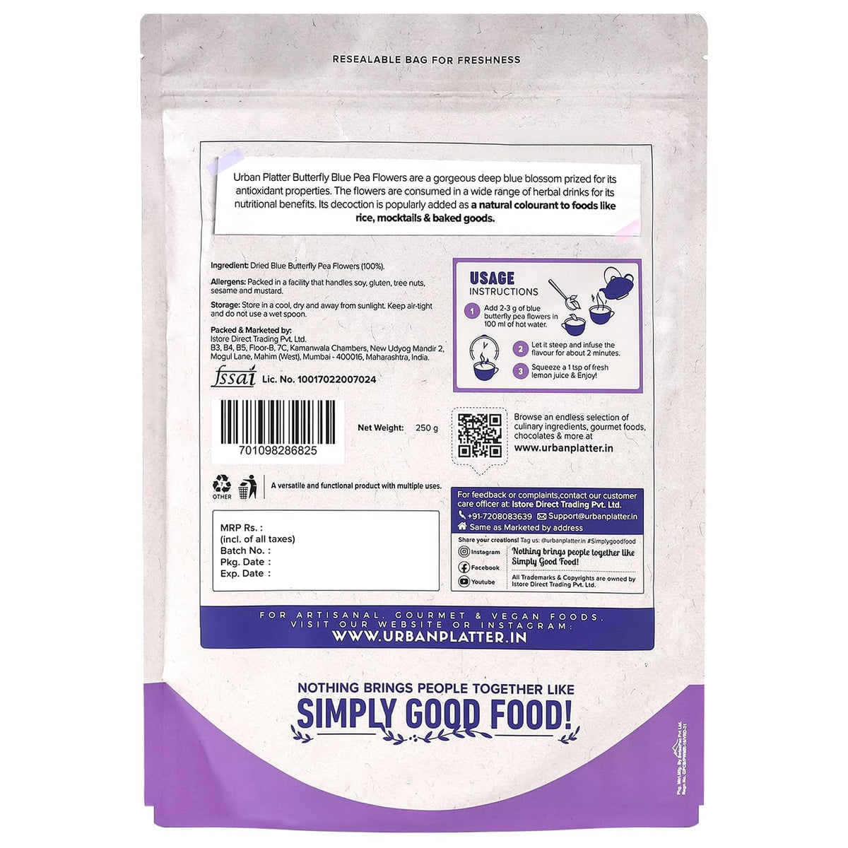 Urban Platter Blue Butterfly Pea Flower, 250g (Aparajita | Shankhpushpi | Rich in Antioxidants | Add to teas and Cocktails | Natural Colourant)