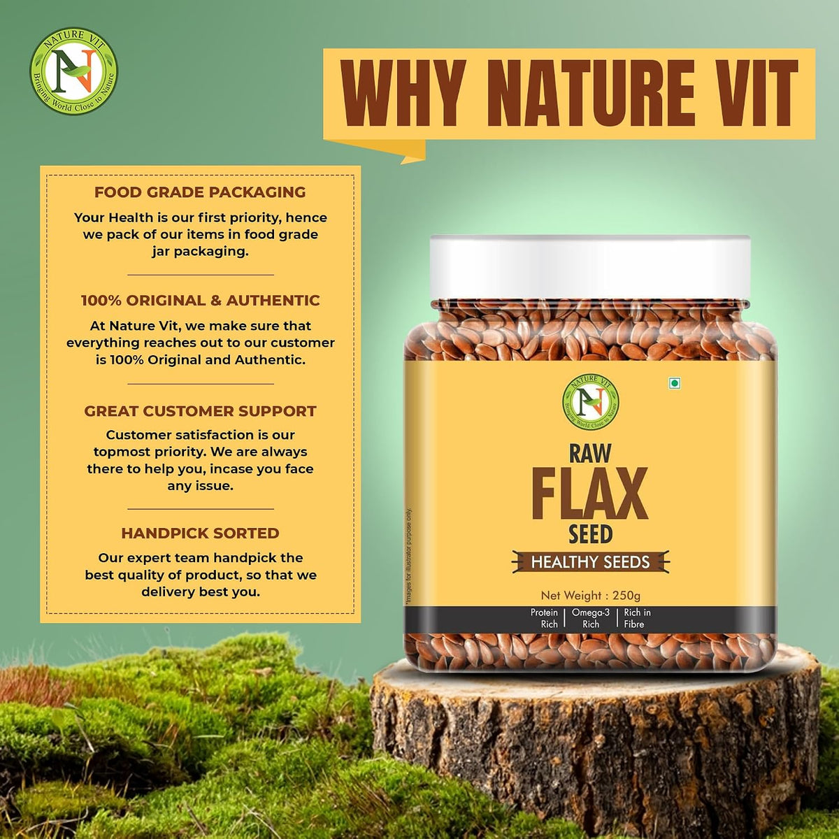 NatureVit Raw Flax Seeds 250g | Alsi Seeds | Fibre Rich | Flax Seeds for Hair Growth | Seeds for Eating