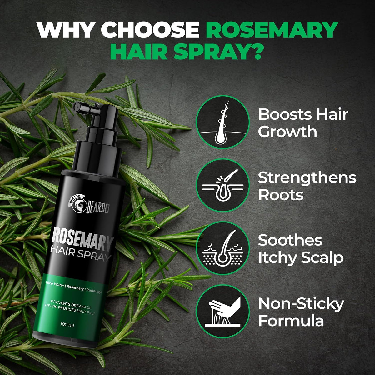 Beardo Rosemary Hair Spray with Redensyl & Rice Water | Activates Natural Hair Growth, Reduces Hair Fall & Breakage | Strengthens Roots | Non-Sticky Daily Hair Tonic for Men- 100ml