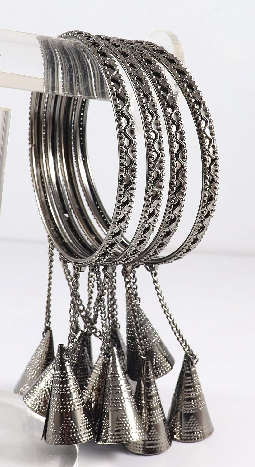 NMII Non-Precious Metal Base Metal with Curved Shaped and Latkan Linked Glossy Finished Kaleere type Kada Set For Women and Girls