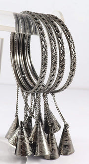 NMII Non-Precious Metal Base Metal with Curved Shaped and Latkan Linked Glossy Finished Kaleere type Kada Set For Women and Girls