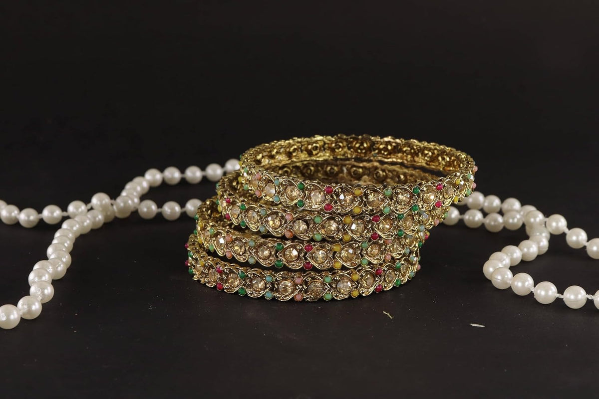 NMII Antique Metal Bangles Set Heart Design Adorned with Zircon Stones & Beads Work For Women & Girls | Trendy Girls' Bangles Bracelet Kangan Latest | Wedding, Party, Festive, Occasion- Set of 4
