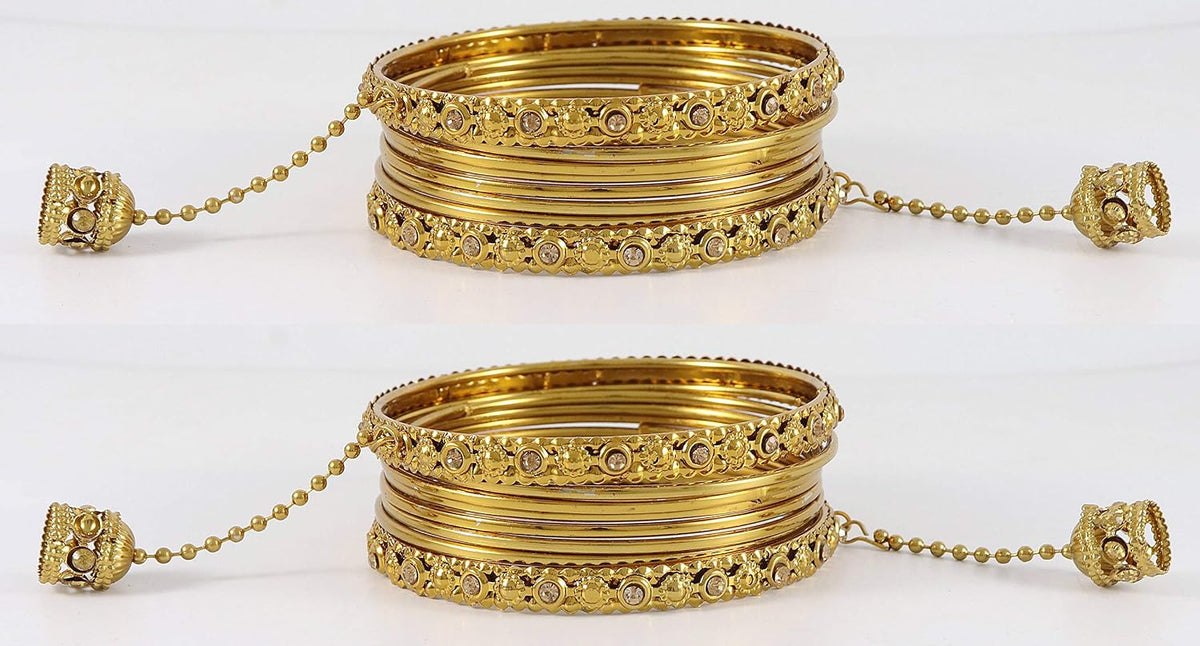 NMII Traditional Metal Bangles Set For Women & Girls with Zircon Gemstone & Latkan | Stylish Oxidised Look Gold Plated Bangles | Women's Fashion Jewellery