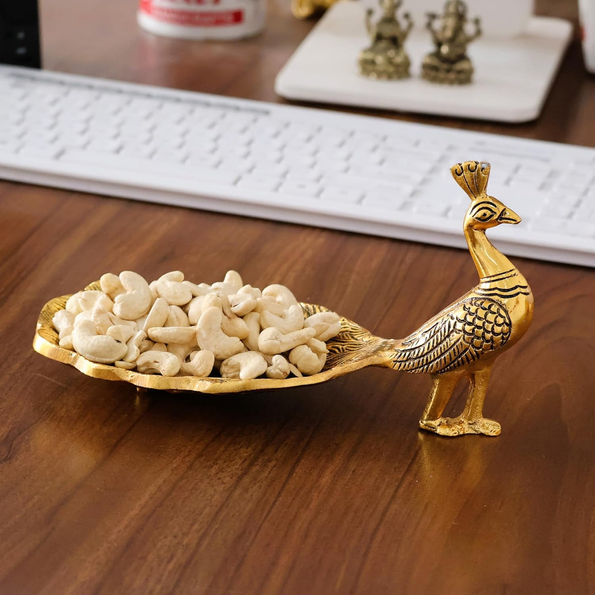 KridayKraft Hand Crafted Metal Duck Wing Shape Tray Perfect for Home Centre Table Serving Dry Fruits (Golden, Pack of 1)