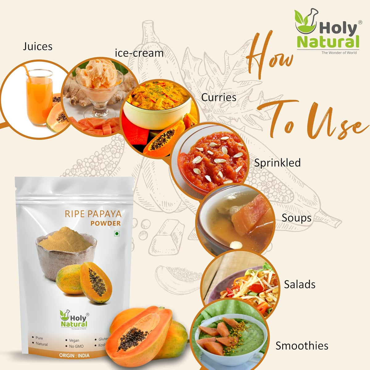 Holy Natural Ripe Papaya Fruit powder -100 GM | Also Called Carica papaya, papaw or pawpaw | Spray Dried Powder, Sugar Free, Rich source of phytonutrients, minerals and vitamins.