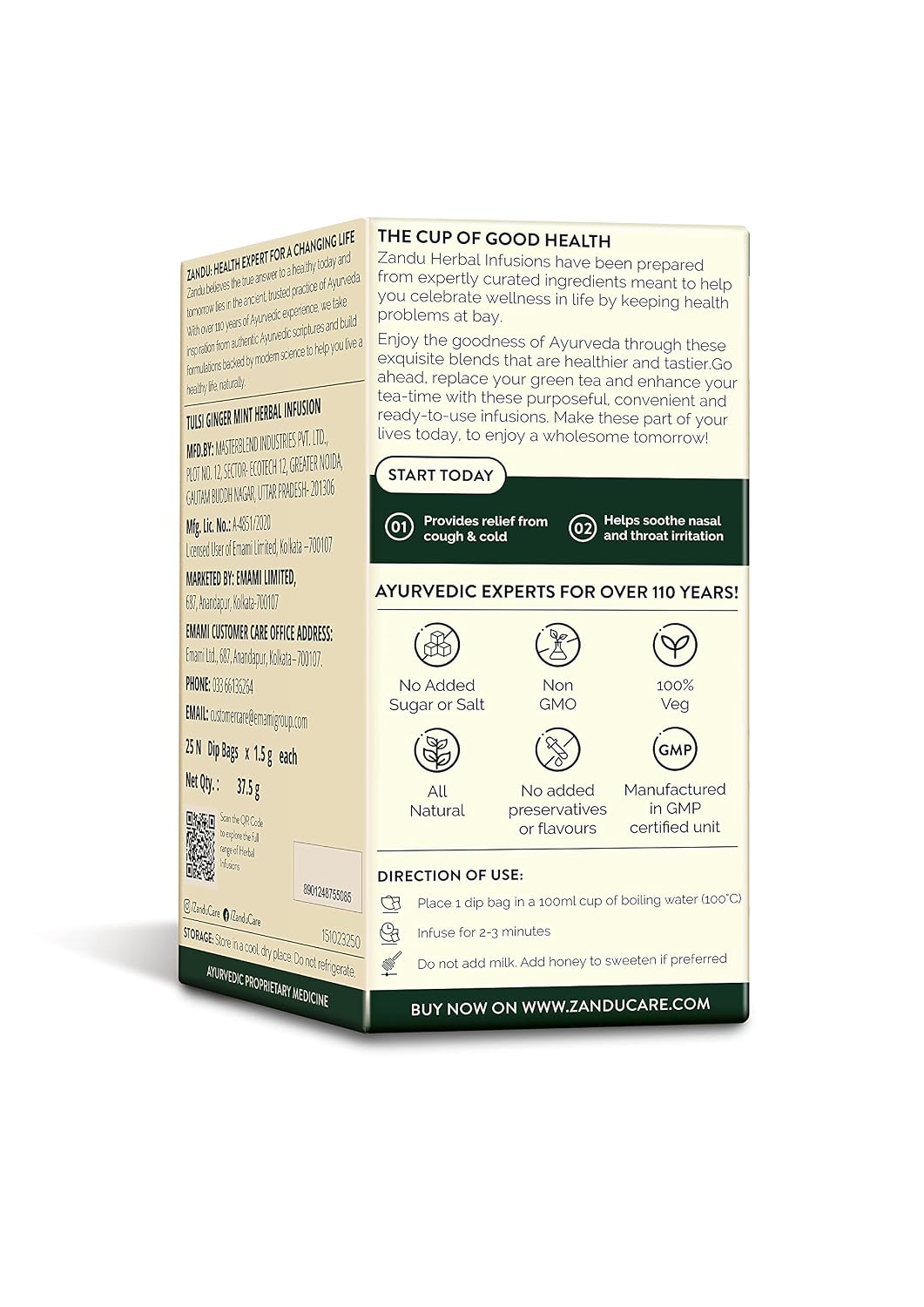 Zandu Tulsi Ginger Mint Herbal Infusion, a Herbal Tea Enriched with Ayurvedic Ingredients (25 Tea Bags)