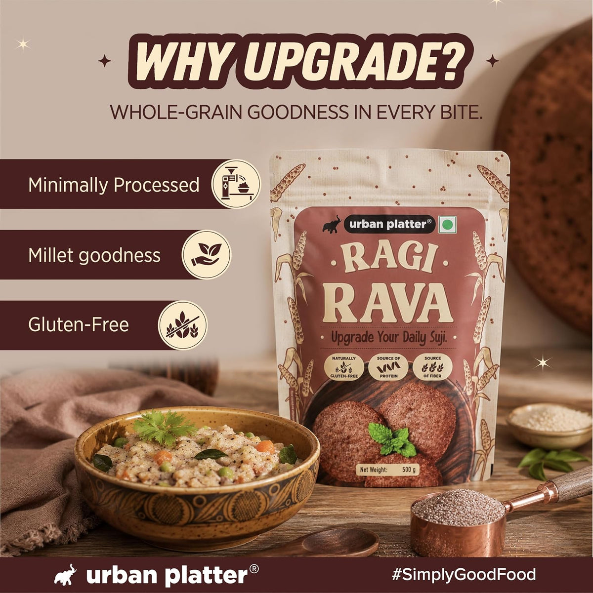 Urban Platter Ragi Rava, 500g (Naturally Gluten-free | Source of Protein & Fibre | A Smart Swap for Regular Sooji | Perfect for Upma, Khichdi, Idli, Dosa, Halwa, & More)