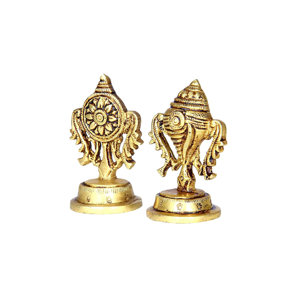 Aalayam Selveer Brass Shankh Chakra Set Small, 5.8cm Height, Brass, Gold Colour, 1 Set(1 No Brass Shankh + 1 No Brass Chakra)