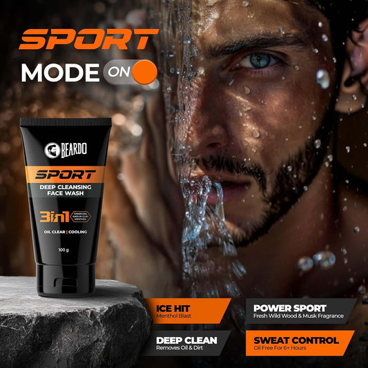 Beardo Sports Face Wash for Men- 100g | Dirt & Oil Control | Menthol Cooling & Refreshing Cleanser | Face wash for Oily skin | Face wash Suitable for all Skin types
