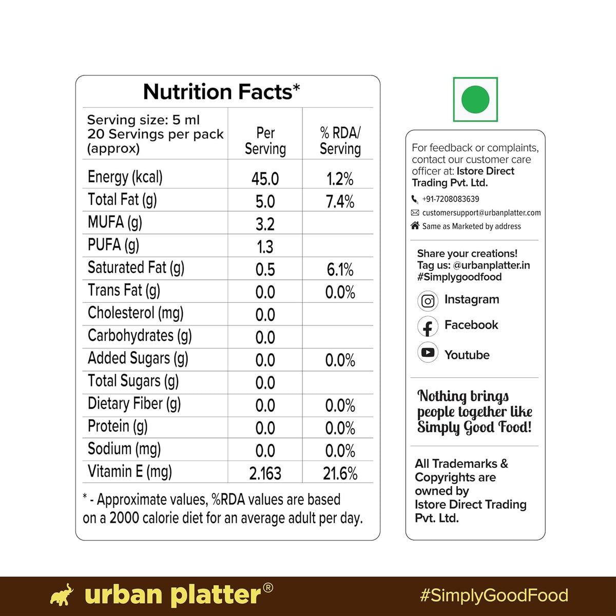 Urban Platter Cold Pressed Almond Oil, 100ml (Light Nutty Finishing Oil for Salads, Drizzling, Gourmet Baking & Natural Hair/Skin Nourishment)