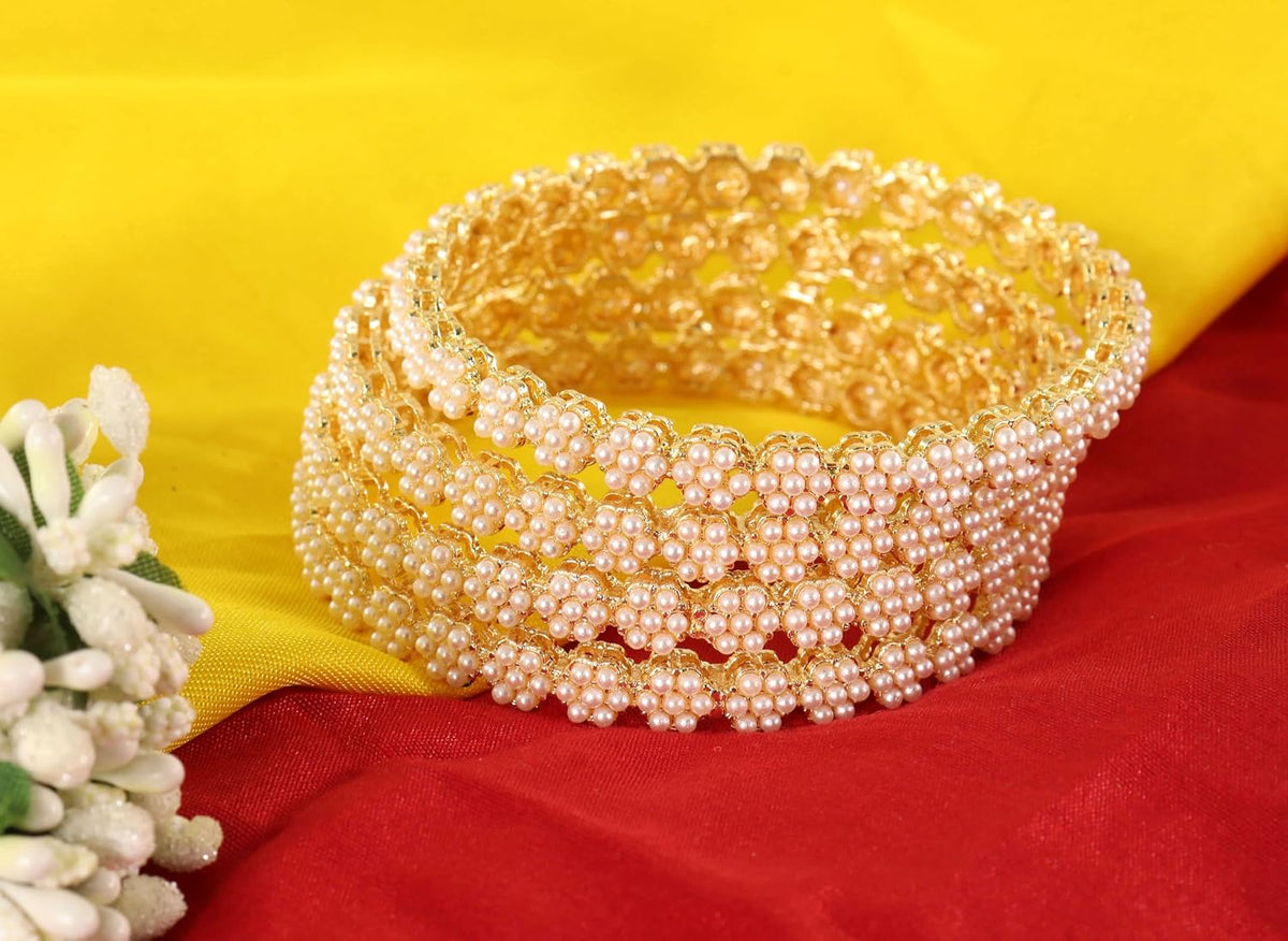 NMII Metal White Moti Bangles with Zircon Diamond Stone For Women & Girls | Designer Pearls Kada | Trendy Girl's Bangles Bracelet | Traditional Kangan For Wedding, Party, Festive, Everyday- Set of 4