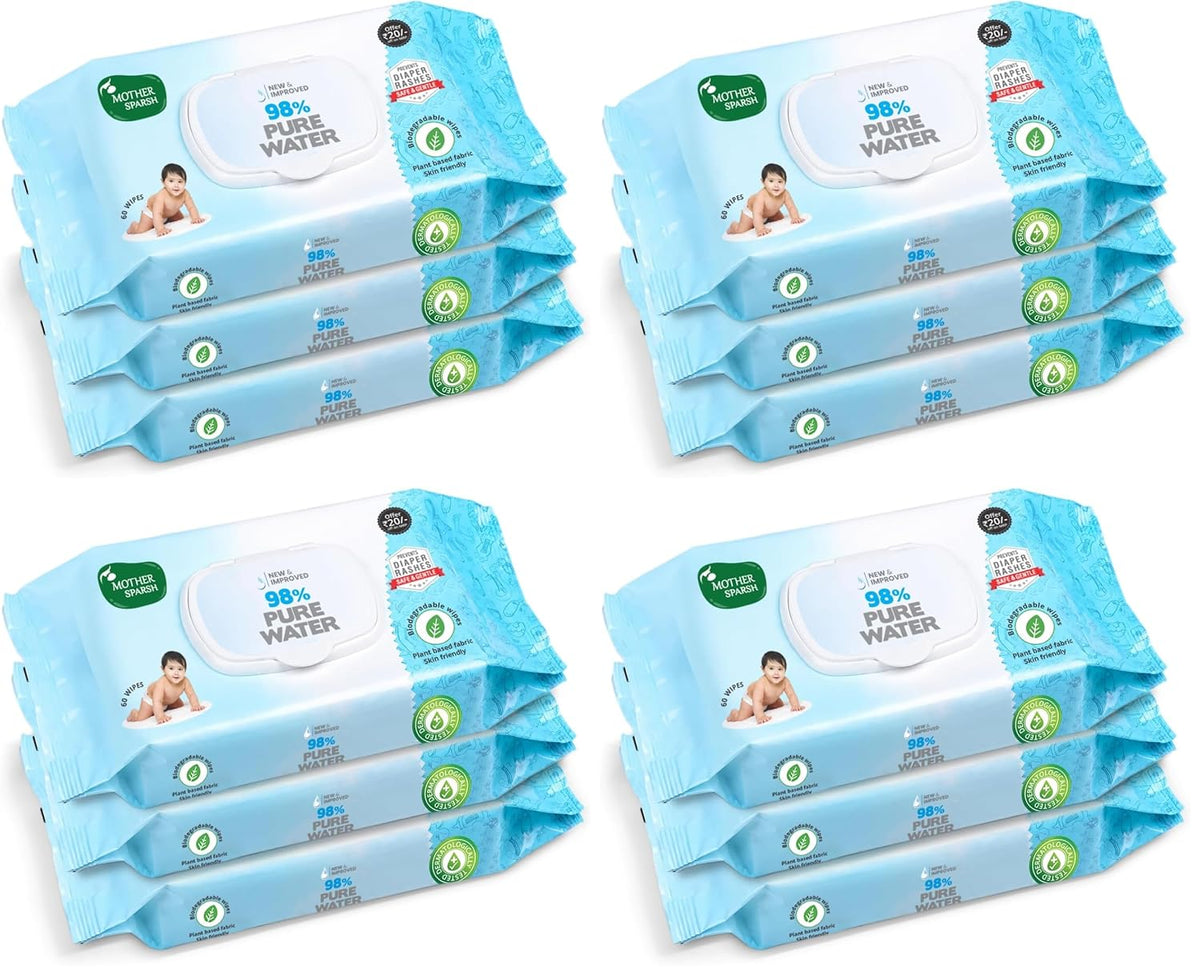 Mother Sparsh 98% Water Based Baby Wipes I Wet wipes made with Plant Fabric I 60 Pcs (Combo of 12)