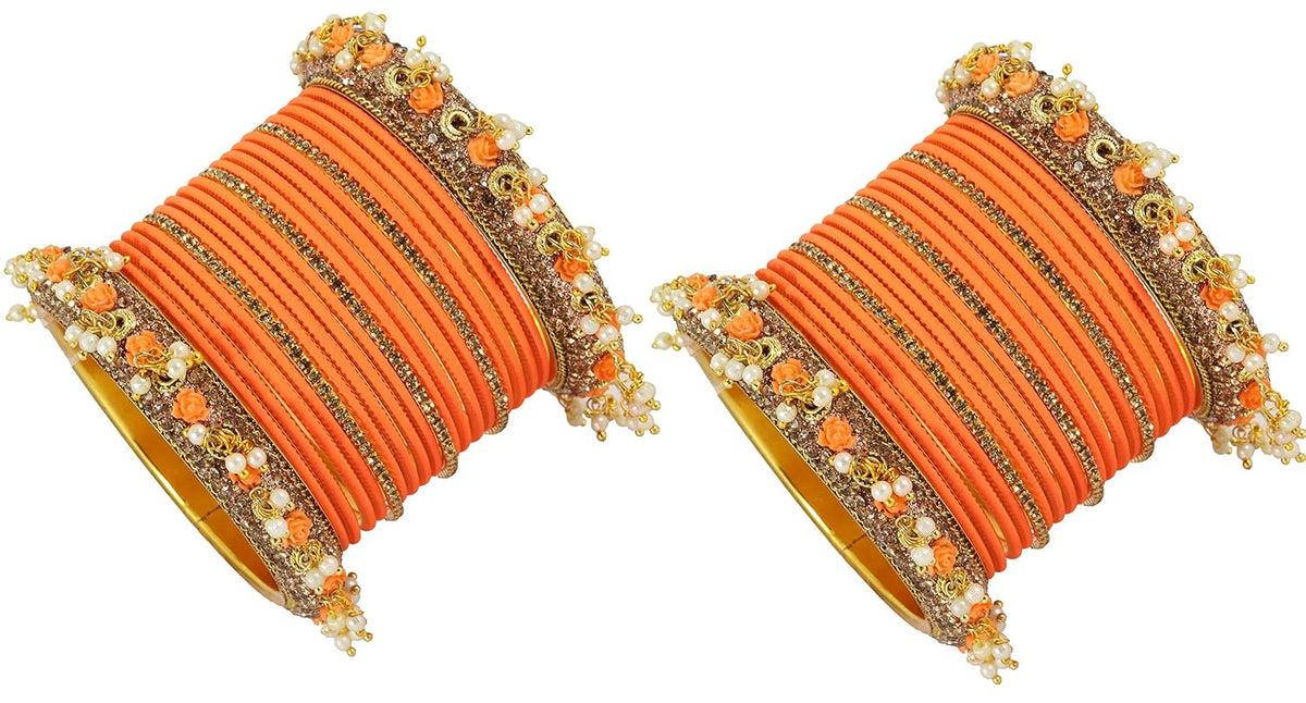 NMII Metal with Base Metal and Studded with Zircon Gemstone and Pearl linked Latkan Pattern Chuda set for Women/Girls