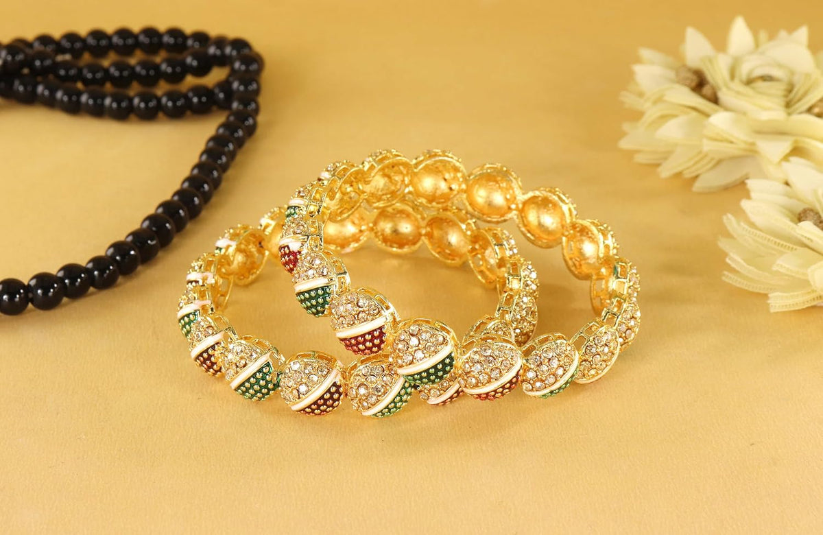 NMII Traditional Alloy Metal With Zircon Diamond Kada Bangles Set For Women & Girls | Designer Women's Kangan Chudi - Set Of 2 Kada