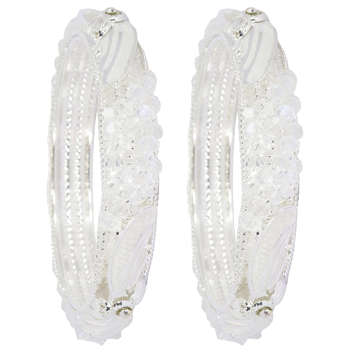 NMII Stylish White Pearls & Alloy Metal American Diamond Bangles Kada Set For Women and Girls | Fancy Women's Kada | Girls' Bangles Bracelet | Kada Set For Wedding, Party, Occasion Wear-Set of 2