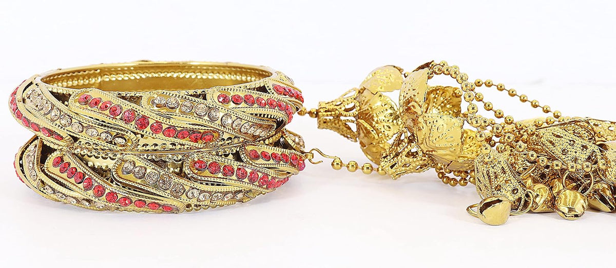NMII Non-Precious Metal Base Metal with Zircon Gemstone Or Leaf Shaped Beads and Flower Shaped Glossy Finished Kada Set For Women and Girls