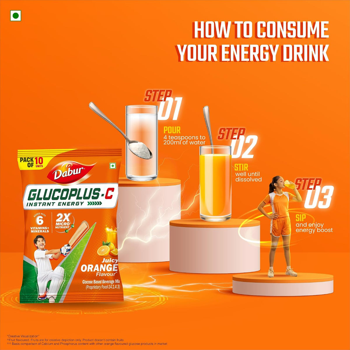 Dabur Glucoplus C Glucose Powder (Orange Flavour) 22gx10 Pouch