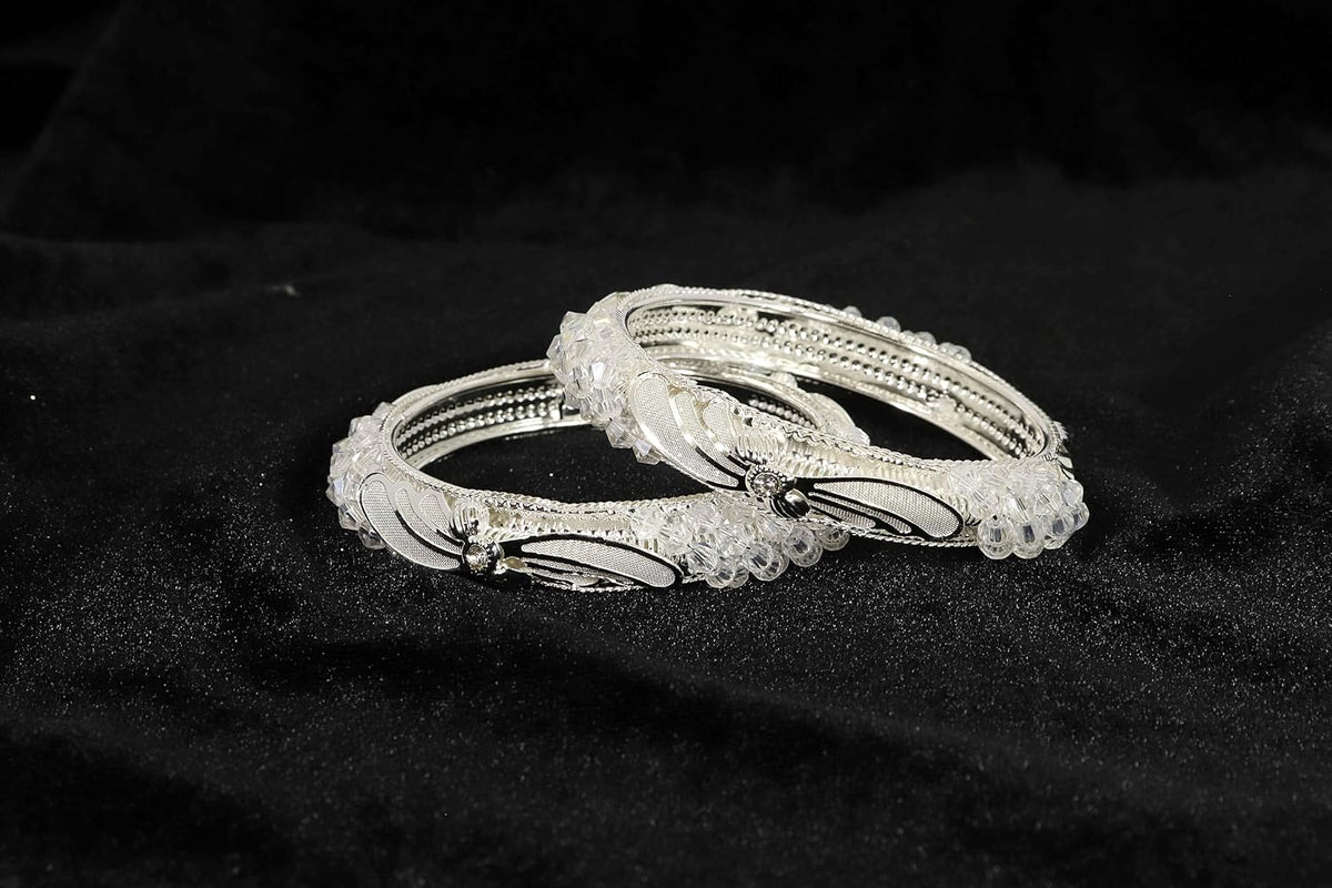 NMII Stylish White Pearls & Alloy Metal American Diamond Bangles Kada Set For Women and Girls | Fancy Women's Kada | Girls' Bangles Bracelet | Kada Set For Wedding, Party, Occasion Wear-Set of 2